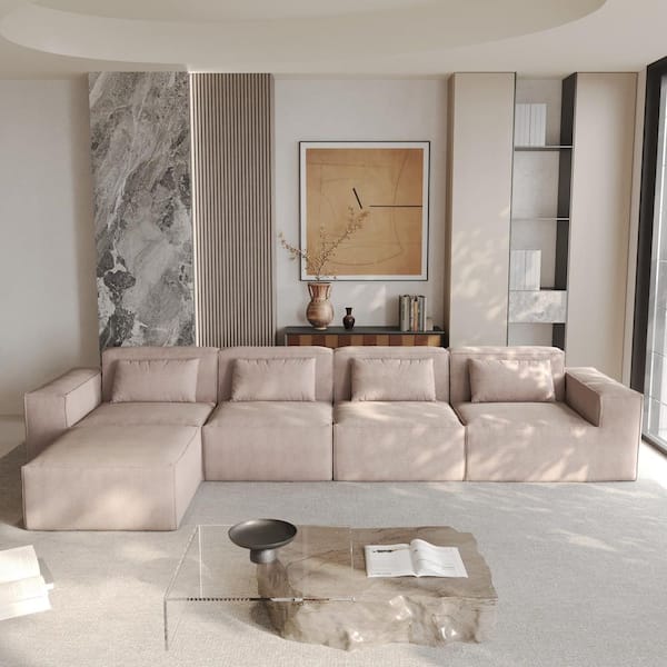 149.6 in. Velvet Square Arm Modular 5-Piece Corner Sectional Sofa in Brown with Ottoman