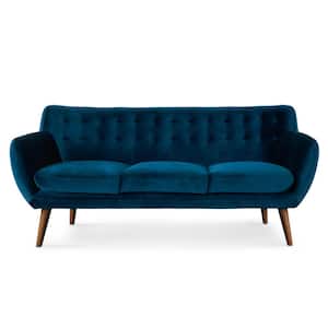 Rhodes 72 in. Blue Velour Solid Print Polyester Blend 3-Seats Mid Century Modern Sofa Tufted Sofa