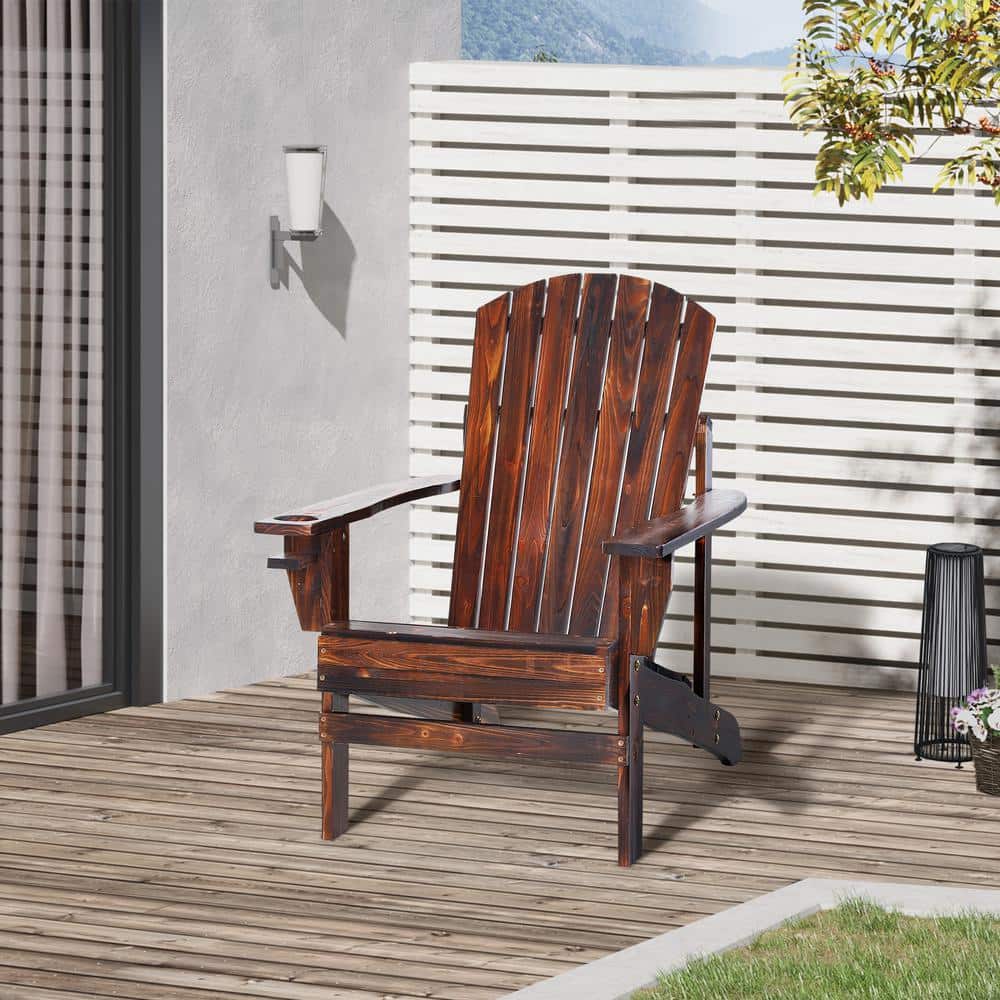 Outsunny Dark Brown Fir Wood Adirondack Chair with Cupholder