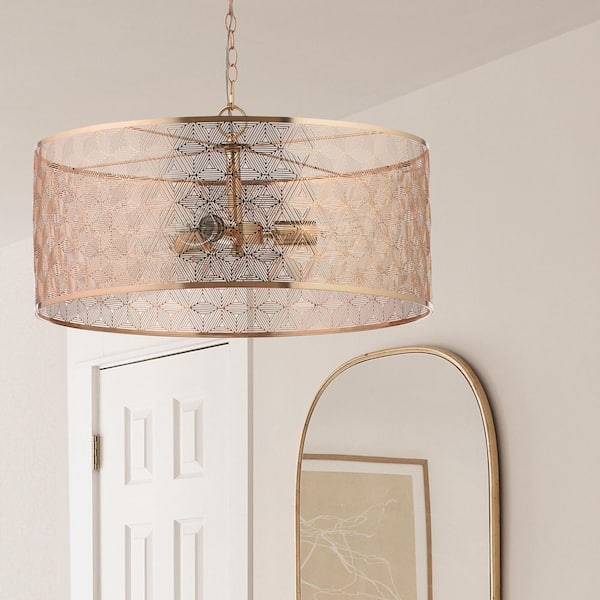 Juliet 3-Light Gold Metal Drum-Shade Hanging Chandelier