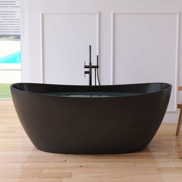 Cyrena 65 in. x 33.5 in. Stone Resin Solid Surface Flatbottom Freestanding Soaking Bathtub in Black