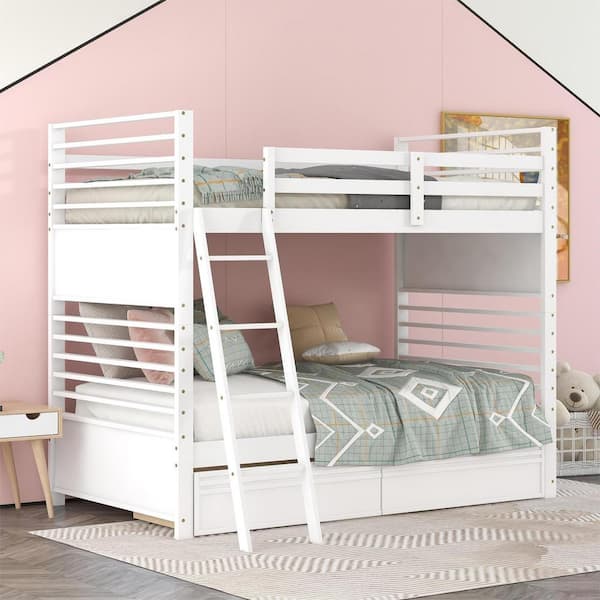 Harper & Bright Designs Elegant White Twin Over Twin Wood Bunk Bed With 2-Drawers