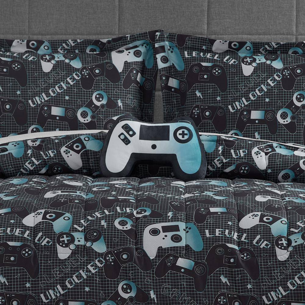 Full Gray and Aqua Microfiber Reversible Kids Comforter Set