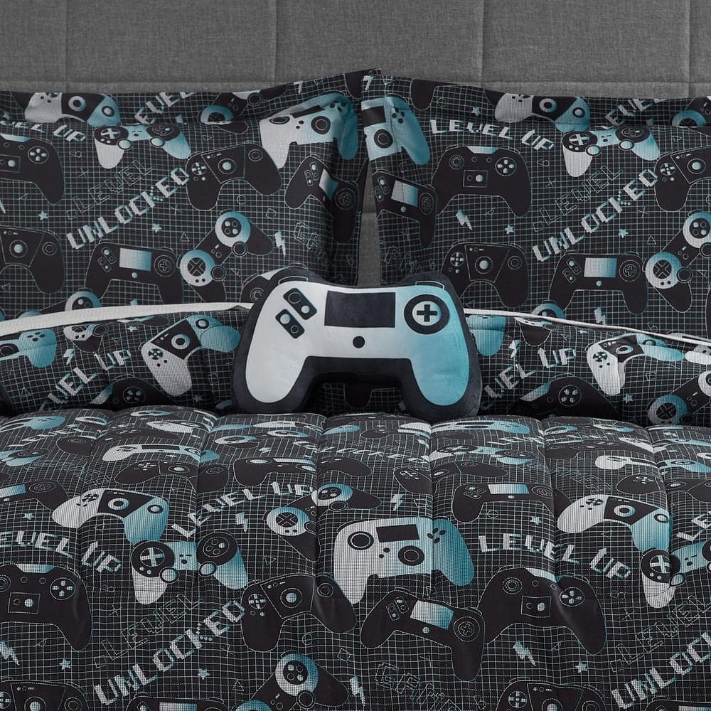 Twin Gray and Aqua Reversible Gaming Microfiber Comforter Set
