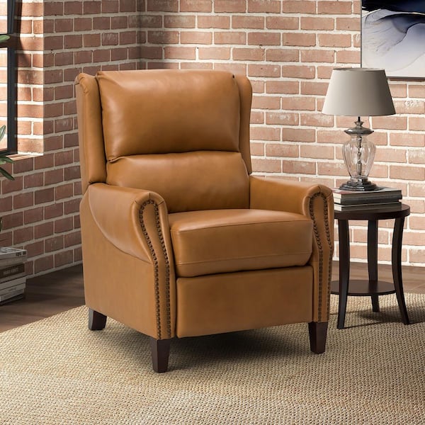 ARTFUL LIVING DESIGN Pilar Camel 32.68 in. Wide Genuine Leather Manual Recliner with Wooden Legs