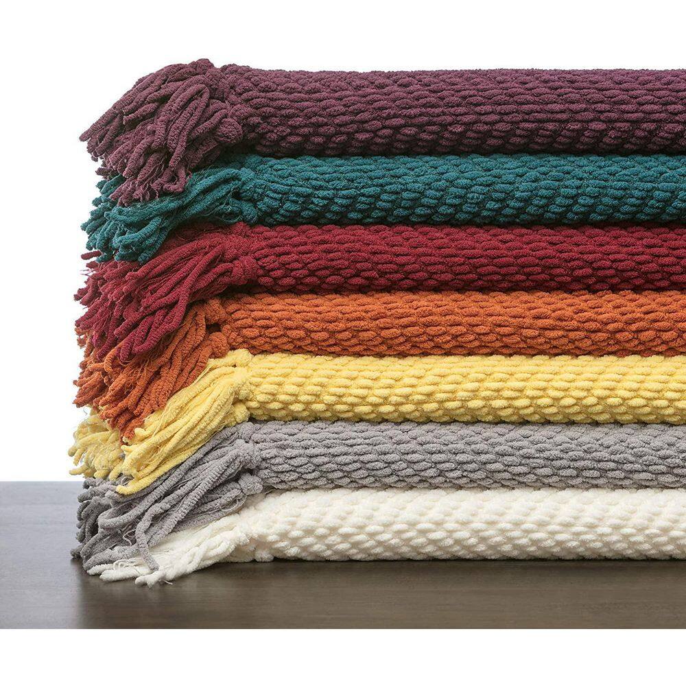 Cerulean Blue Knitted Acrylic Throw Blanket with Tassels - 50" x 65"