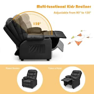 Black Faux Leather Upholstery Kids Recliner w/Cup Holders & Side Pockets