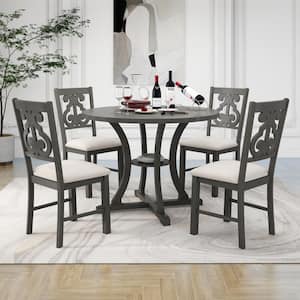 Exquisitely Designed 5-Piece Round Wood Top Gray Dining Table Set with Special-shaped Legs and Hollow Chair Back