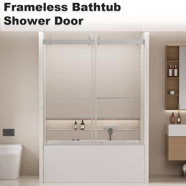 60 in. W x 58 in. H Double Sliding Bathtub Shower Tub Doors in Alloy Frame Brushed Nickel with Tempered Clear Glass