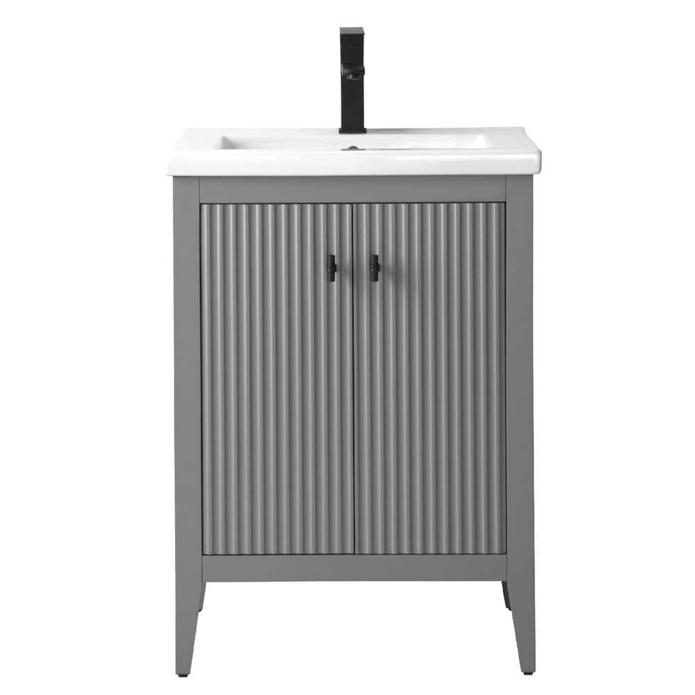 Gray Single Freestanding Bathroom Vanity with Ceramic Top