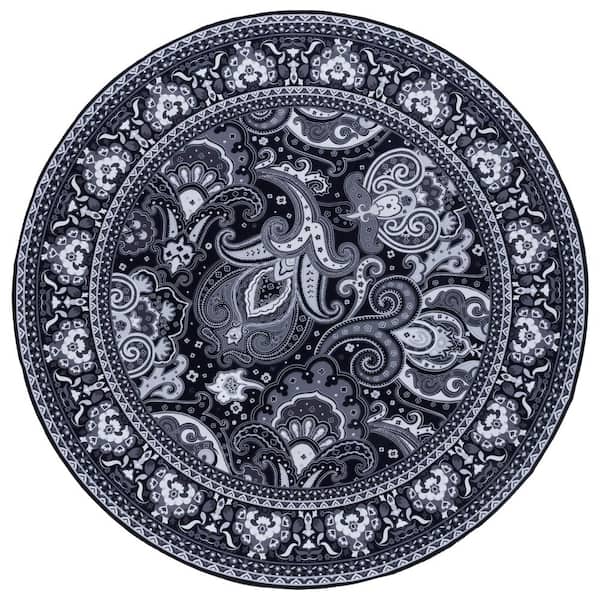 Arizona 6 ft. x 6 ft. Black/Gray Machine Washable Distressed Border Floral Round Area Rug
