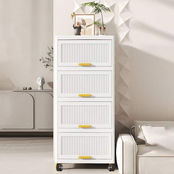 4-Layers Flip Open Storage Box With Wheels, Movable Storage Cabinet, Kitchen Shelf, Movable Storage Box-White