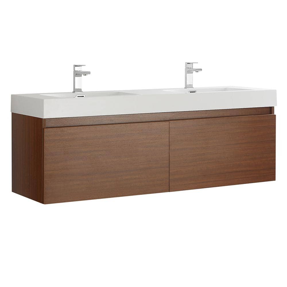 Fresca Mezzo 60 In Modern Wall Hung Bath Vanity In Teak With Double Vanity Top In White With White Basins Fcb8042tk I The Home Depot