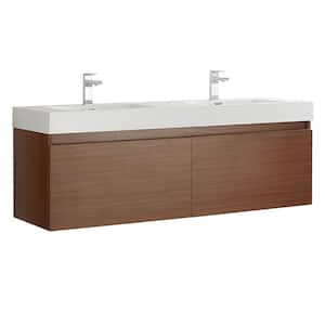 Mezzo 60 in. Modern Wall Hung Bath Vanity in Teak with Double Vanity Top in White with White Basins