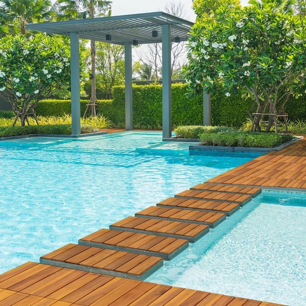 0.98 ft. x 0.98 ft. Quick Deck 4 Slats Solid Acacia Wood Interlocking Deck Tile in Teak Brown (25.93 sq. ft. per Box)