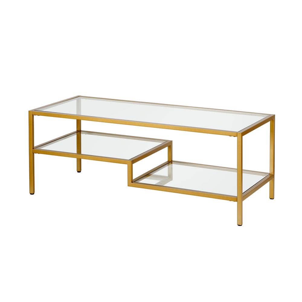 Contemporary Brass and Glass Double-Tiered Coffee Table