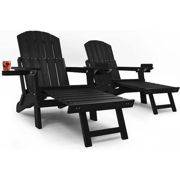 Mximu Black Outdoor Folding Adirondack Chair with Integrated Pullout Ottoman and Cup Holder (2-Pack)