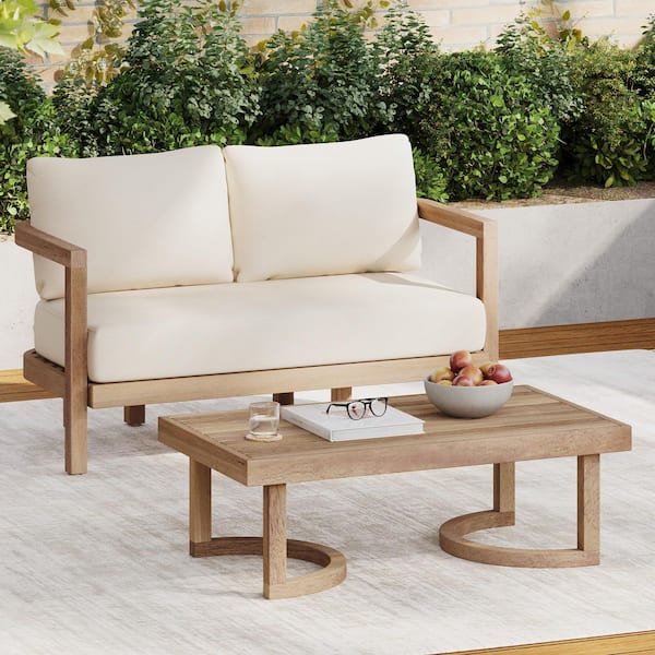 Coporesell 2-Piece Acacia Wood Patio Conversation Set with Beige Cushions