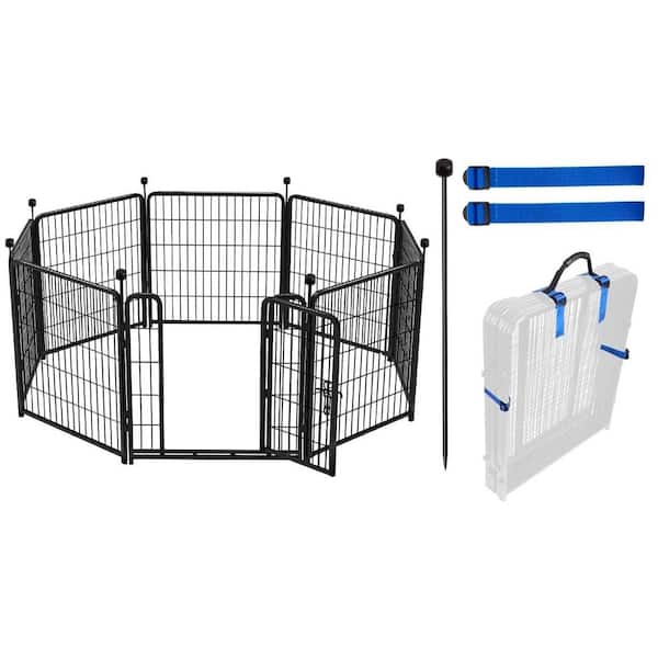 Tall 48 in. Iron Metal Garden Fence with Gate Heavy Duty 8 Panels Animal Barrier Indoor Outdoor Playpen 17.7 Ft Black