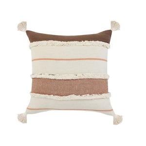 Quarry Brown /White /Peach Tufted Striped Tassels Soft Poly-Fill 20 in. x 20 in. Throw Pillow