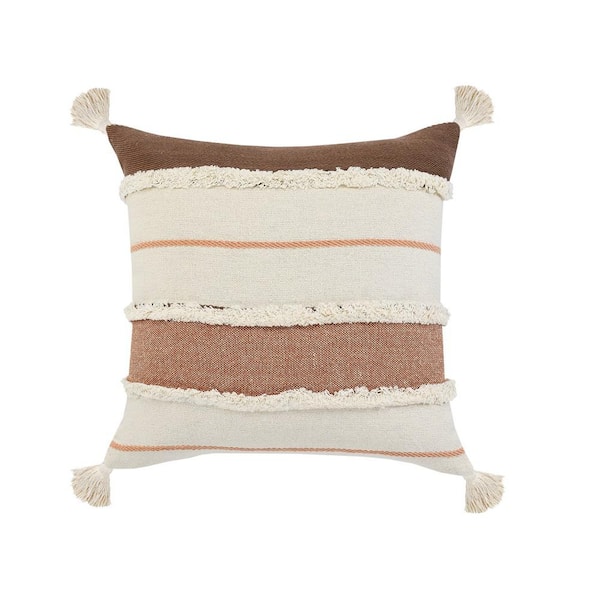 LR Home Quarry Brown /White /Peach Tufted Striped Tassels Soft Poly-Fill 20 in. x 20 in. Throw Pillow