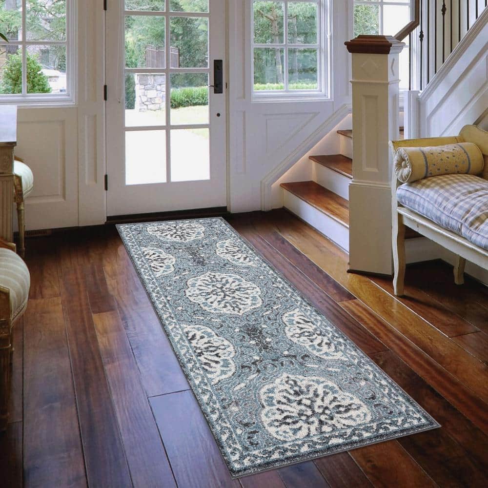 Contemporary Oriental Blue Runner Rug 2'6" x 10'3", Easy-Care Synthetic