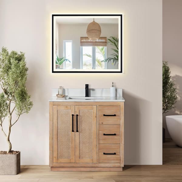 Altair Floral 36 in. W x 22 in. D x 33 in. H Single Sink Bath Vanity in Ligth Brown with White Quartz Countertop and Mirror