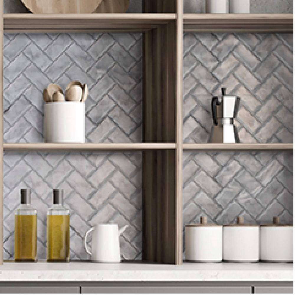10.5" x 10.5" White Marble Herringbone Vinyl Peel and Stick Backsplash Tiles