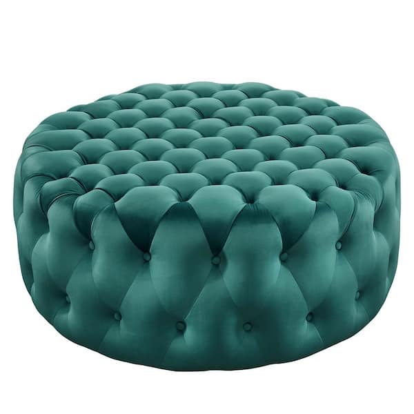 MODWAY Amour Tufted Button Large Round Performance Teal Velvet Ottoman