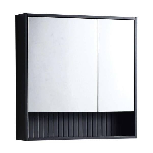 FINE FIXTURES Venezian 28 in. W x 29.5 in. H Small Rectangular Black Matte Wooden Surface Mount Medicine Cabinet with Mirror