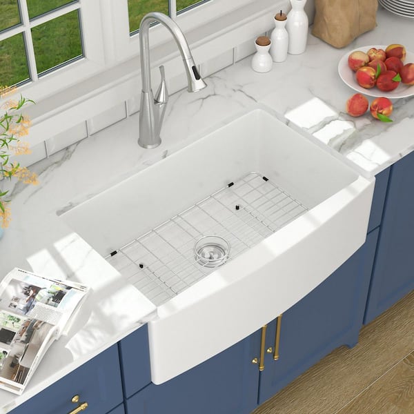 LORDEAR 33 in. x 21 in. Undermount Farmhouse Ceramic White Single Bowl Apron Front Kitchen Sink with Sink Grid