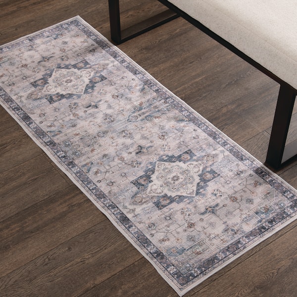 2 ft. x 5 ft. Navy/Multi Ornamental Medallion Washable Runner