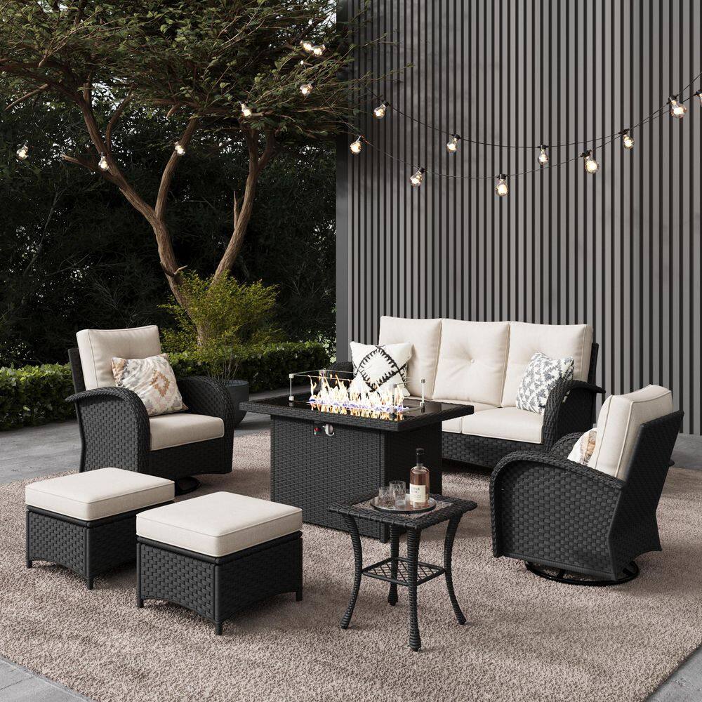 7-Pieces Wicker Swivel Outdoor Chairs Rectangle Fire Pit Patio Conversation Set with Beige Cushions price history on PriceWatchPro