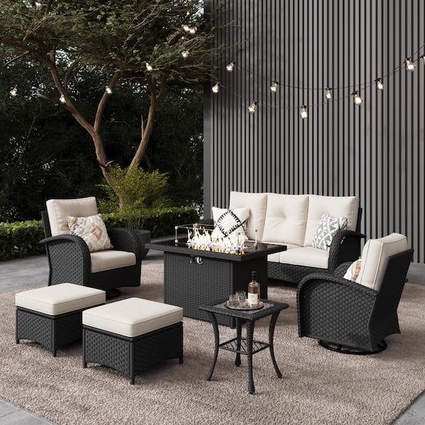 LayinSun 7-Pieces Wicker Swivel Outdoor Chairs Rectangle Fire Pit Patio Conversation Set with Beige Cushions