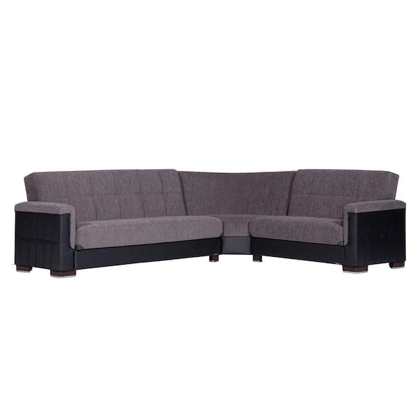 Ottomanson Basics Pro Collection 3-Piece 108.7 in. Chenille Convertible Sofa Bed Sectional 6-Seater With Storage, Grey/Black