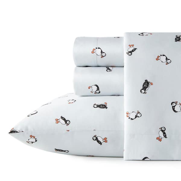 Puffin Paradise 4-Piece Blue Botanical Cotton Queen Sheet Set