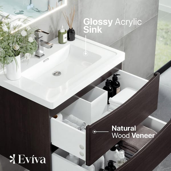 Eviva Smile 30 in. W x 20 in. D x 21 in. H Bathroom Vanity in Chesnut with White Acrylic Top with White Sink
