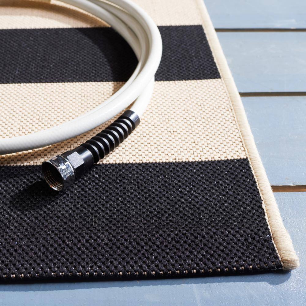 Beige and Black Striped Synthetic Rectangular Area Rug