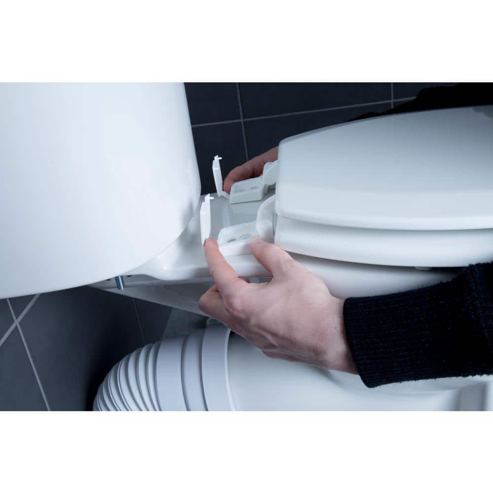 White Molded Wood Elongated Toilet Seat with Adhesive Hinges