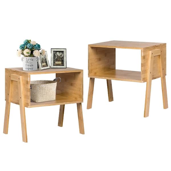 Bamboo Nightstand Set of 2, Side Tables with Storage Shelf, Bedroom End Table Pair