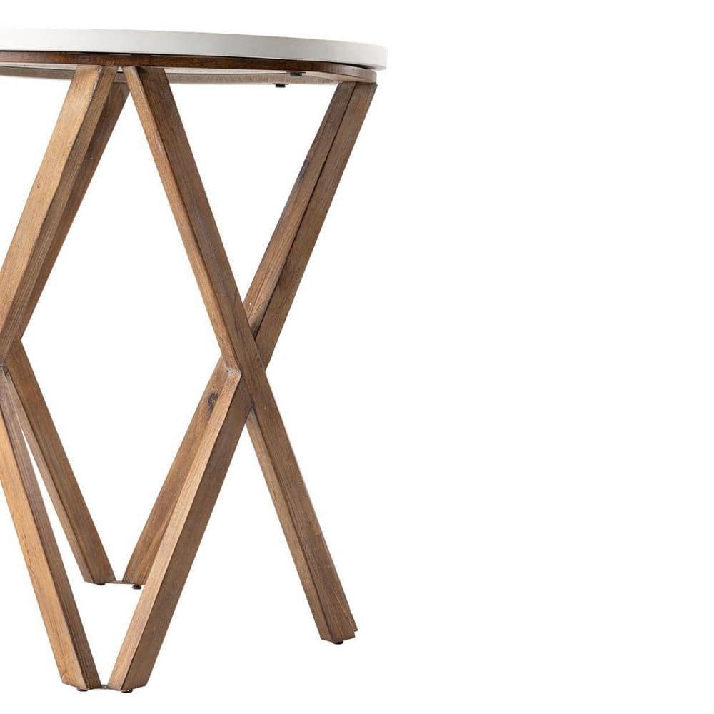 Round Distressed White and Natural Wood Pedestal End Table