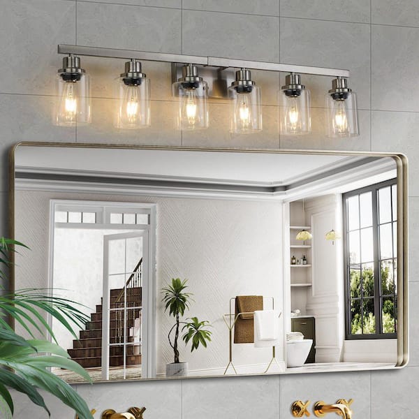 37 in. W 6-Lights Bathroom Wall Sconce Fixture Brushed Nickel Finish with Clear Glass Shades, E26, No Bulbs Included