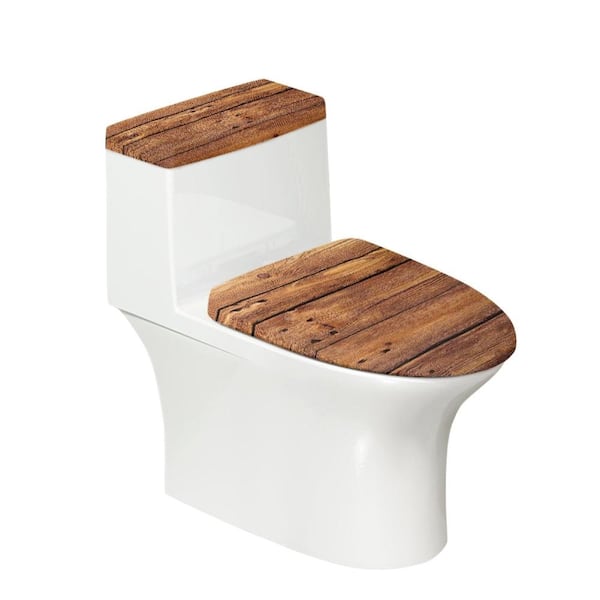 Toilet Lid and Tank Cover Set in Brown Wood Grain Pattern with Dust Proof and Elastic Edges for Elongated Toilets
