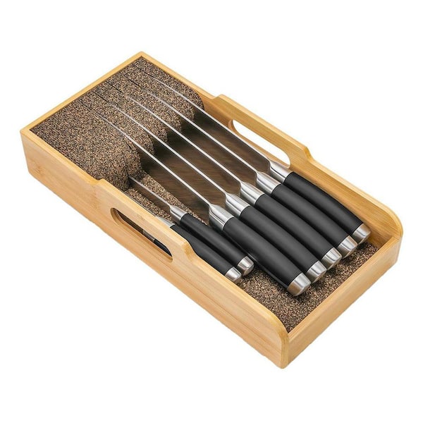 7-Knife In-Drawer Bamboo Knife Storage Organizer Block w Flexible Dividers for Safe and Neat Kitchen Knife Organization