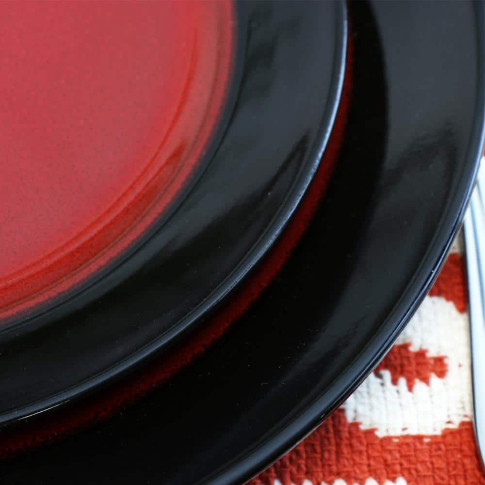 Elama Red and Black Ceramic 16-Piece Dinnerware Set