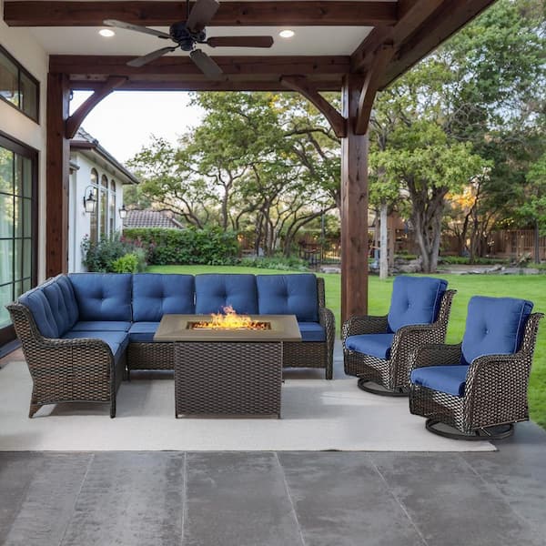 Brown 4-Piece Wicker Patio Fire Pit Set, Outdoor Sectional Seating Set with Olefin Navy Blue Cushions and Swivel Rockers