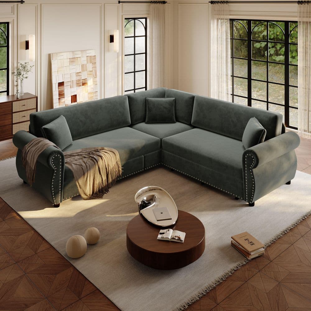 88.2 in. Rolled Arm Chenille L-Shaped Sofa in Dark Grey with Pull-Out Bed, Nailhead Trim and Rolled Arm