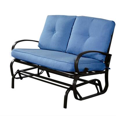 Wicker Outdoor Patio Cushioned Rocking Bench Loveseat in Blue