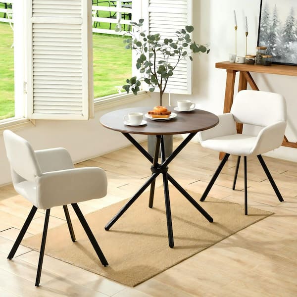 CALIFONTANA 3-Piece Mocha Walnut Round Dining Table Set with 2 Ivory White Swivel Upholstered Chairs (Seats 2)
