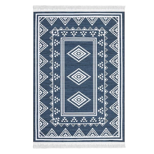 Tassel Printed Carpet Washable Area Rug Soft Non-Slip Bohemian Style Carpet for Bedroom Living Room Office Blue，9X12ft